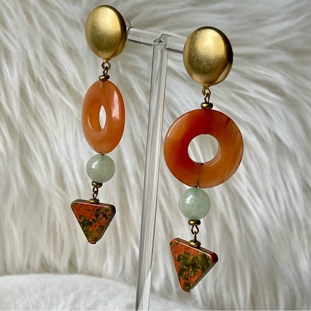 UNAKITE | JADEITE |Natural Gemstones Long Drop Dangle Post Gold Tone Metal|VTG